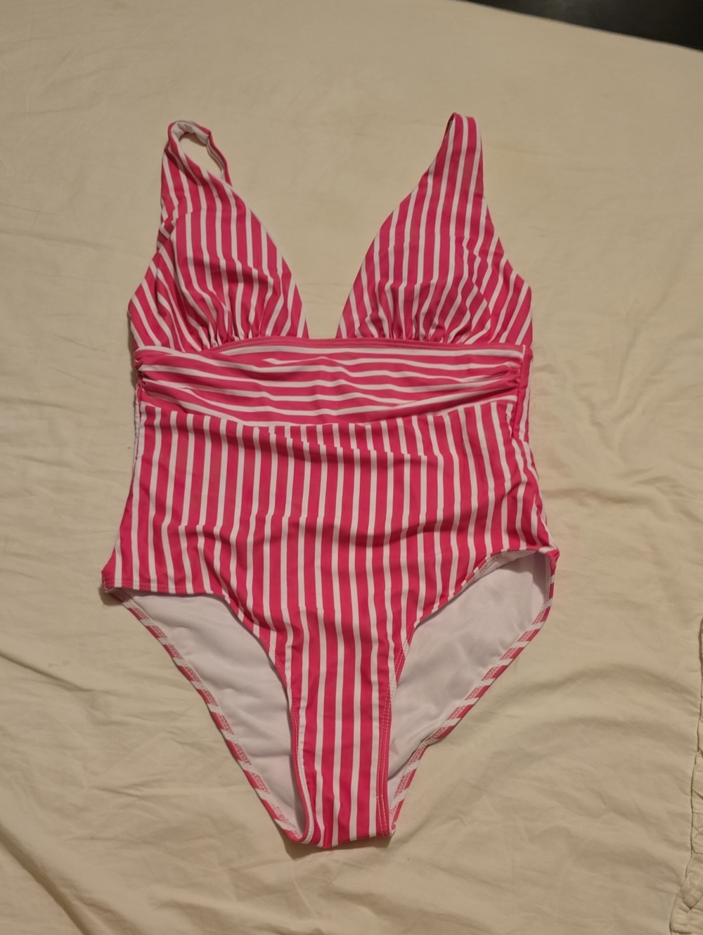 Womens Hot Pink & White Striped One-Piece Swimsuit With Adjustible Straps